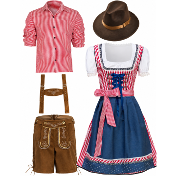 Adult Bavarian Oktoberfest Couple Costume Set - Lederhosen and Dirndl