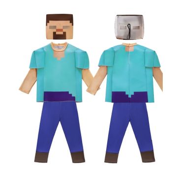 Kids block builder costume with turquoise tunic and blue pants with brown boots
