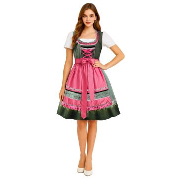 Adult Oktoberfest beer maid dirndl costume with forest green polka dot bodice and hot pink apron