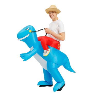 Adult wearing inflatable turquoise T-Rex carry-me costume with safari hat