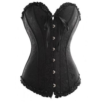 Adult Black Brocade Burlesque Corset - Ruffled Lace Overbust Lingerie