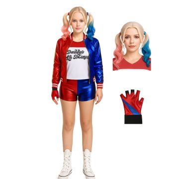 Kids red and blue villainess bomber jacket costume with metallic satin finish