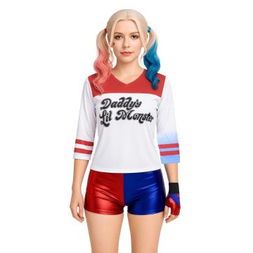 Womens Harlequin Villainess Costume - Red & Blue Bomber Jacket Squad Outfit
