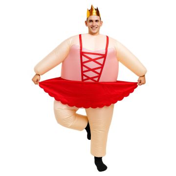 Adult inflatable ballerina costume with red tutu and gold crown, front view