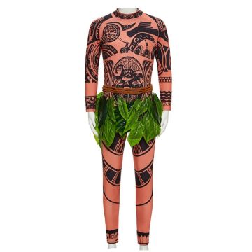 Adult Polynesian Demigod Costume with Leaf Belt - Tribal Tattoo Bodysuit