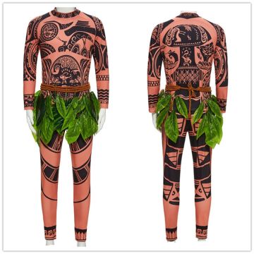 Kids Polynesian Island Warrior Costume - Tribal Tattoo Jumpsuit with Leaf Skirt