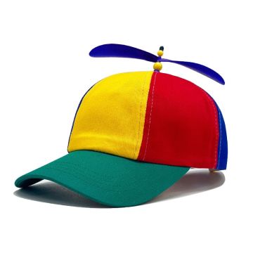 Adult propeller beanie cap with multi-color panels and spinning blue propeller