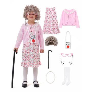 Kids Grandma 100 Days of School Costume - 8-Piece Elderly Lady Dress-Up Set