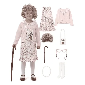 Kids Grandma 100 Days of School Costume - 8-Piece Elderly Lady Dress-Up Set