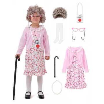 Kids Grandma 100 Days of School Costume - 8-Piece Elderly Lady Dress-Up Set