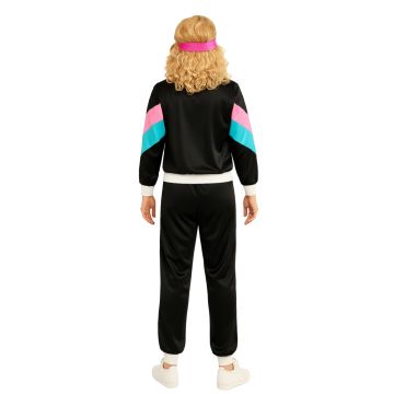 Womens 80s Tracksuit Costume - Black Neon Satin Jacket & Pants Set
