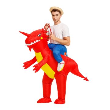 Adult wearing inflatable red dinosaur ride-on costume with blue rider legs dangling