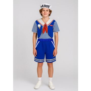Girls retro ice cream parlor costume with striped sailor top and blue shorts