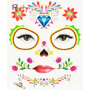Day of the Dead Face Tattoo Design III - Ladies Sugar Skull Transfer