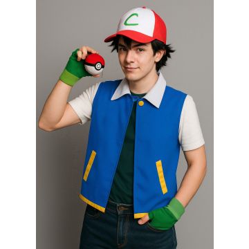 Adult Anime Trainer costume set with blue vest, white tee, red trainer cap and fingerless gloves