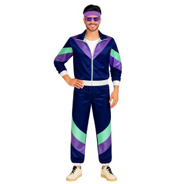Adult 80s shell suit costume navy blue with purple and mint chevron stripes