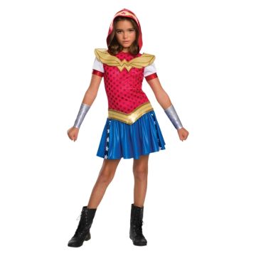 Girls Wonder Woman costume dress with hooded pink bodice and blue star skirt