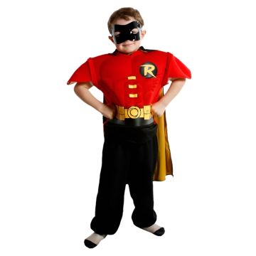 Child wearing Robin superhero costume with cape and mask