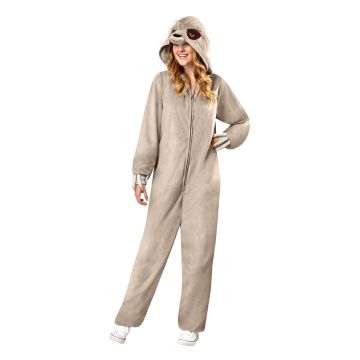 Adult sloth onesie costume with attached hood and fibre-filled claws