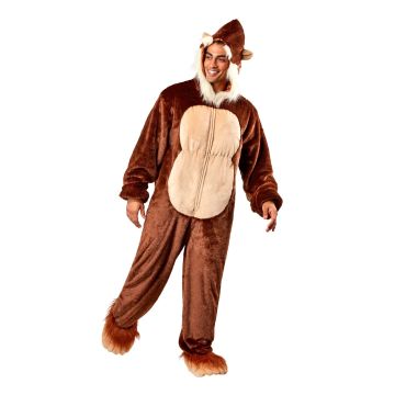 Adult Big Foot onesie costume with brown plush fur and cream belly panel