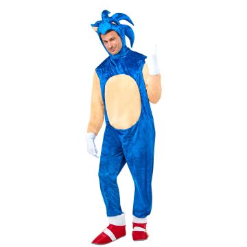 Officially licensed Sonic costume showing cobalt blue body with peach belly panel