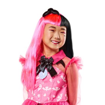 Child's Monster High Draculaura wig with pink and black two-tone hair and black bow