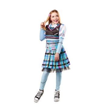 Girls Frankie Monster High costume with plaid dress and blue stitched leggings