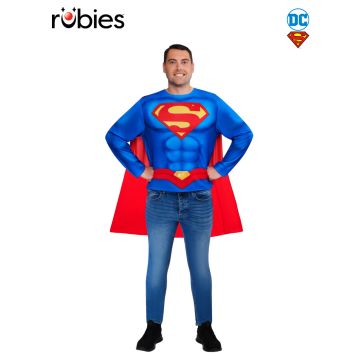Adult Superman costume top with printed 'S' shield emblem and detachable red cape