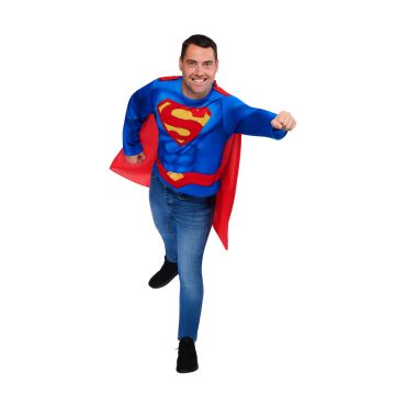 Adult Superman Costume Top with Detachable Cape - DC Comics Licensed Hero Shirt