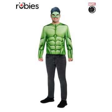Adult Hulk muscle costume top with digitally printed green muscles and character mask