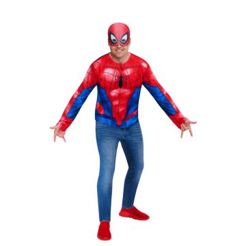 Adult Spider-Man costume top with red and blue web print and spider emblem