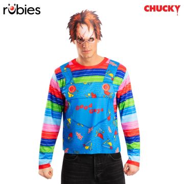 Adult Chucky costume with printed Good Guys overalls top and scarred face mask