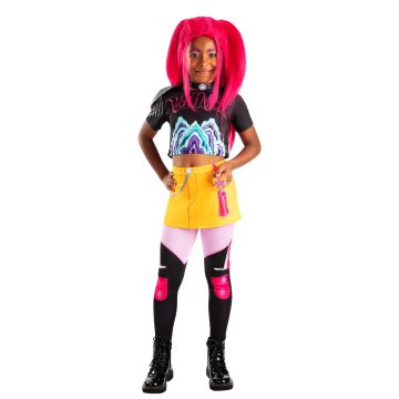 Mira costume showing color-blocked leggings with pink and hot pink panels
