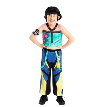 Kids Kpop Demon Hunters Zoey Costume - turquoise crop top with lotus print and colour-blocked pants