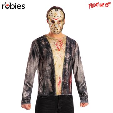 Adult Jason Voorhees costume with printed distressed top and hockey mask