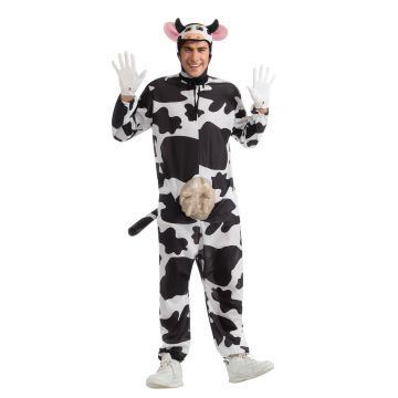 Adult cow costume with black and white print jumpsuit and udder detail