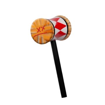 Harley Quinn mallet prop with orange smiley face head and extendable black handle