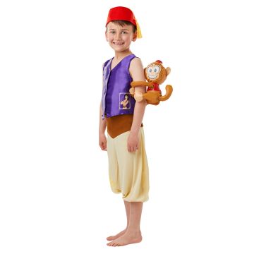 Child wearing Aladdin street hero costume with Abu monkey toy