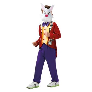 Kids white rabbit costume Alice in Wonderland with red jacket and purple pants