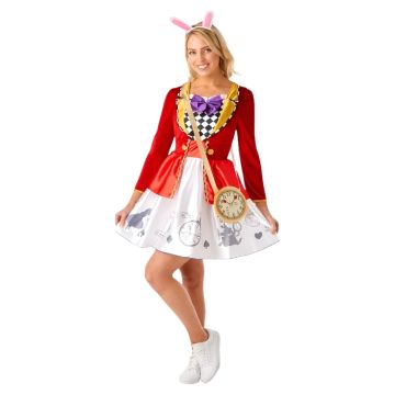 Womens White Rabbit costume dress with clock print skirt and purple bow collar