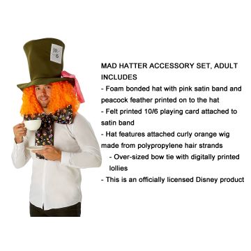 Adult Mad Hatter Costume Accessory Set - Hat with Wig and Bow Tie