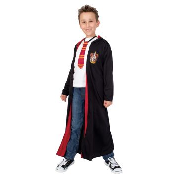 Kids Gryffindor wizard robe costume with scarlet and gold house trim and embroidered crest