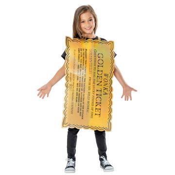 Child wearing Kids Golden Ticket Costume foam tabard from Charlie and the Chocolate Factory with metallic gold finish