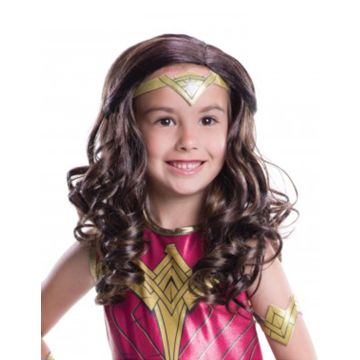 Child wearing long brown Wonder Woman wig with voluminous curls