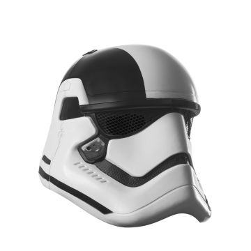 Adult Executioner Trooper Mask front three-quarter view - white moulded plastic helmet with bold black painted accents and mesh eye slots