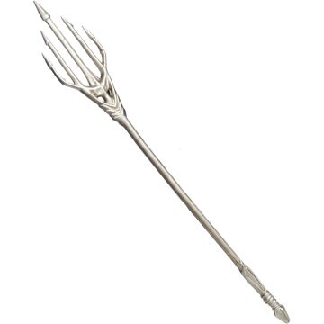 Licensed DC Comics Aquaman trident showing ornate sculpted shaft detailing and ribbed grip