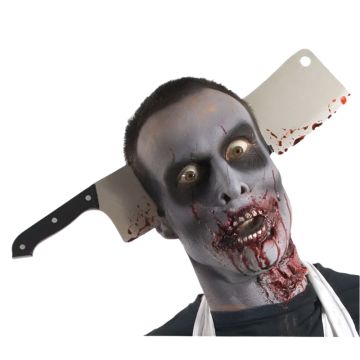 Adult zombie butcher knife headband with blood-splattered cleaver blade standing vertically