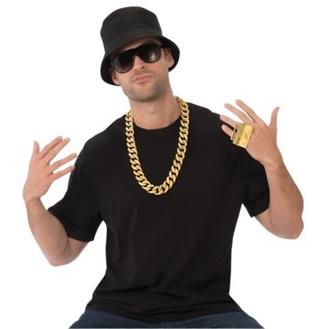 Adult costume rapper accessory kit with black bucket hat, gold chain, boombox ring and sunglasses