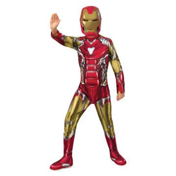 Kids Iron Man costume with red and gold metallic jumpsuit and moulded helmet mask