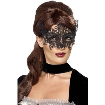 Black lace filigree masquerade eye mask with Venetian scrollwork design